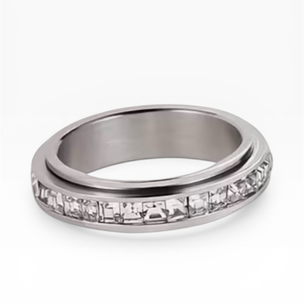 Spinner Fidget Ring in 18k White Gold over Silver Crystal Band Rotating • Size 7